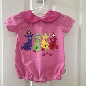Vintage Teletubbies Pink Collared Bubble Romper 1998 Girls Size 12 Months HOLES